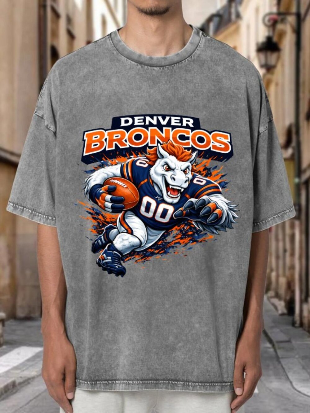 Acid Wash Denver Broncos Mascot Football Oversized Unisex Tee RY7W6MAQGC02